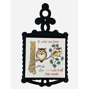 Vintage Know It All Owl Trivet Tile Cast Iron Mid Century Fall Autumn Lorrie